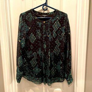 Roz & Ali Dark Green, Black, and Gold Floral Blouse
